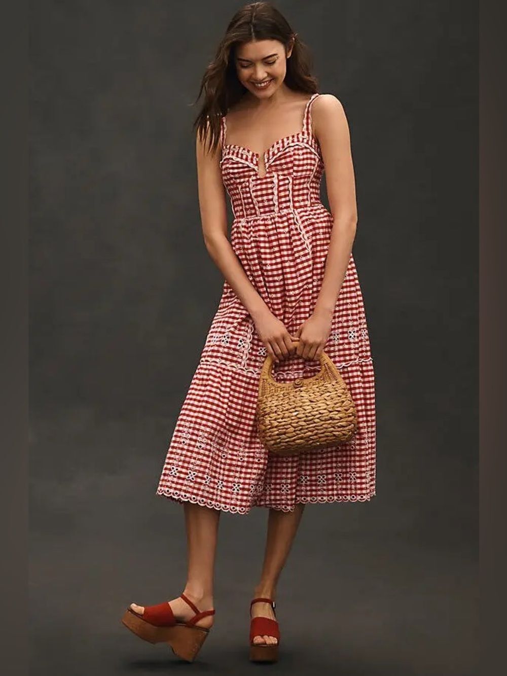 By Anthropologie Sleeveless Sweetheart Gingham Midi Dress Size M